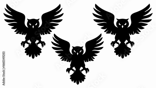 Three black silhouette owls with spread wings and sharp talons on a white background are featured here | editable eps vectors
