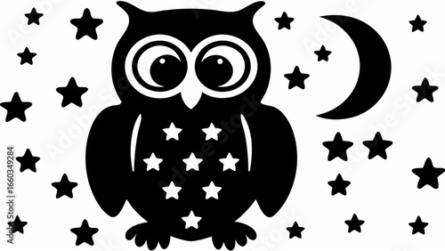 Silhouette of an owl with large eyes surrounded by stars and a crescent moon in a night sky scene | editable eps vectors