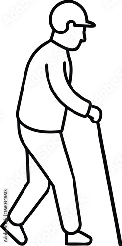 Minimalist line art silhouette of an elderly man with a walking cane isolated on white background