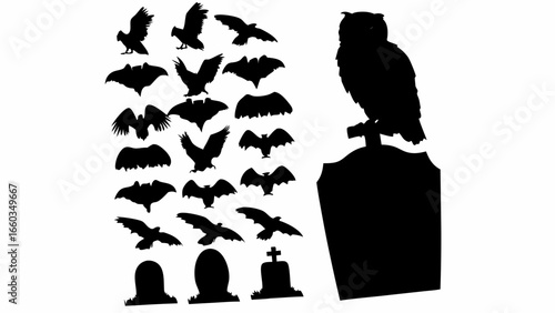Silhouette of an owl perched on a tombstone with bats and birds flying around in a spooky halloween scene | editable eps vectors