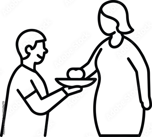 Caregiver serving food tray to elderly silhouette isolated on white background