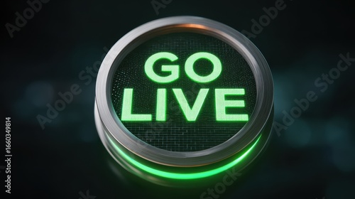 Glowing green Go Live button with metallic frame, symbolizing activation or starting live broadcast. futuristic design and illuminated text create high tech and dynamic feel