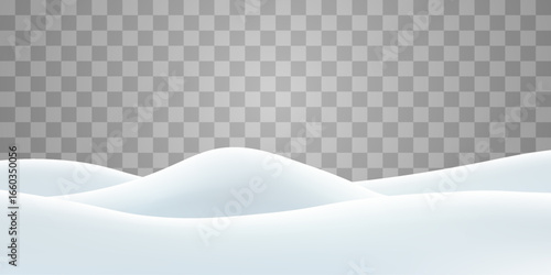 Snowdrifts isolated on png background. Snow landscape decoration, frozen hills. Empty snowbanks field. Christmas vector illustration. Transparent background.