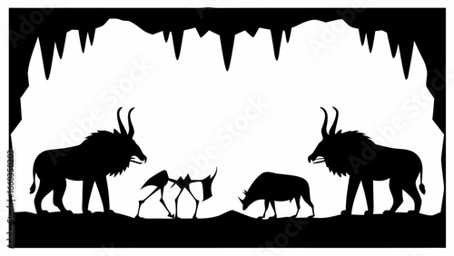 Silhouette of animals including antelope and rhino in a cave with stalactites hanging from the ceiling | editable eps vectors