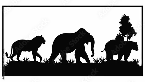 Silhouette of lion elephant and bear walking in a line with grass and tree in black and white landscape view | editable eps vectors