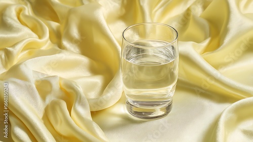 Elegant glass of water centered on pastel yellow fabric with soft folds