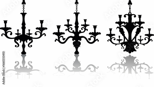 Three ornate chandeliers with multiple arms and candle holders in silhouette style illustration | editable eps vectors