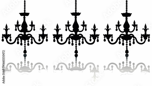 Three ornate chandeliers depicted in black silhouette with subtle gray reflections below on a white background | editable eps vectors