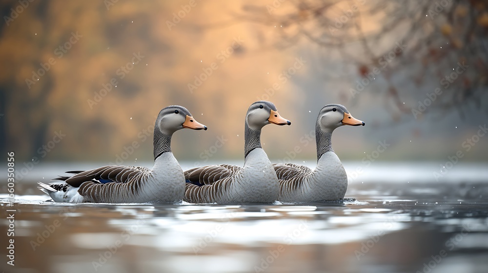 Fototapeta premium Three Ducks Swimming in a Lake with Autumn photo Background water