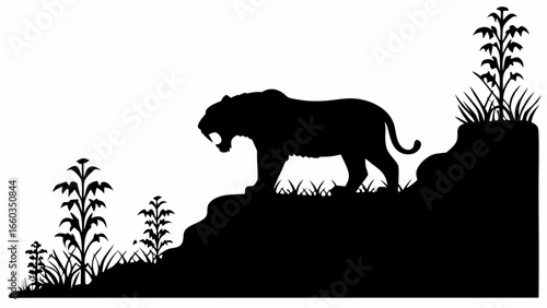 Silhouette of a saber toothed tiger standing on a hill with plants and grass in the background design | editable eps vectors