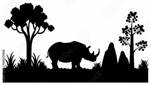 Silhouette of a rhino standing in a landscape with trees and hills in black and white simple design | editable eps vectors