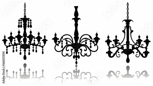 Three decorative chandeliers in black silhouette with reflections on the white surface below them all | editable eps vectors