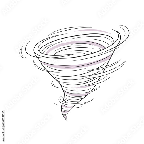 A dynamic illustration of a violent rotating column of air descending from a thunderstorm cloud towards the ground creating a swirling vortex of wind and debris