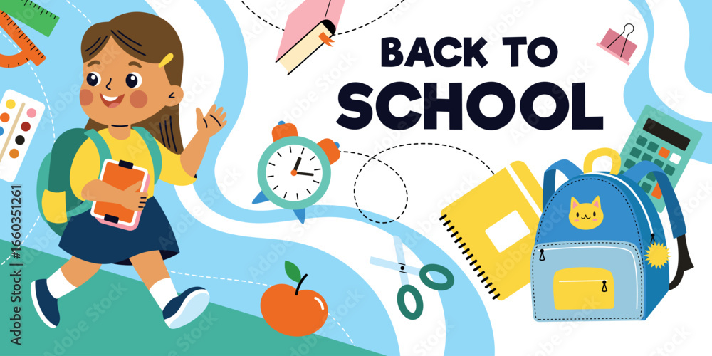Fototapeta premium Back to School Sale Banner - Colorful Vector Design with School Supplies and Backpacks. Perfect for Social Media, Websites and Promotional Materials. September Academic Campaign