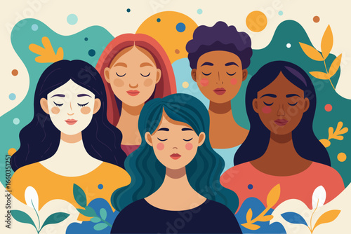 Diverse group of women with closed eyes radiating peace and unity, celebrating sisterhood and inner calm through beautiful abstract design elements and vibrant colors