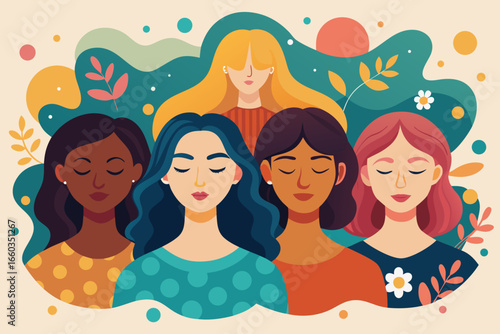 Diverse group of women united in a serene moment, celebrating sisterhood and inner peace amidst vibrant, abstract floral elements