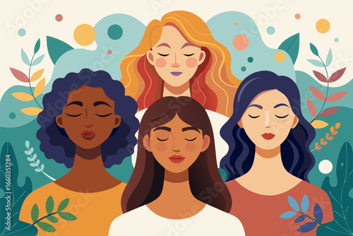 Diverse women find inner peace and strength together, embracing serenity amidst vibrant natural elements and a calm, uplifting atmosphere of unity and empowerment.