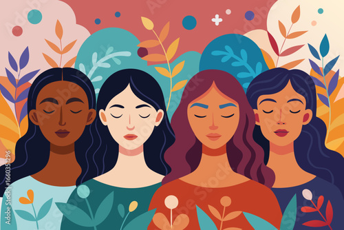Diverse women find inner peace amidst vibrant nature, celebrating unity and mindful connection, radiating serene feminine energy and growth.