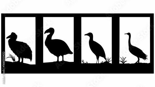 Silhouettes of four different bird species standing in separate frames against white background | editable eps vectors