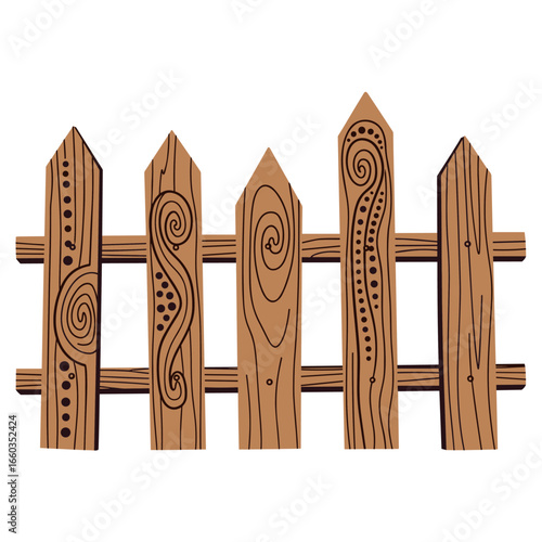 Charming wooden picket fence with decorative swirl and dot patterns evoking rustic garden charm