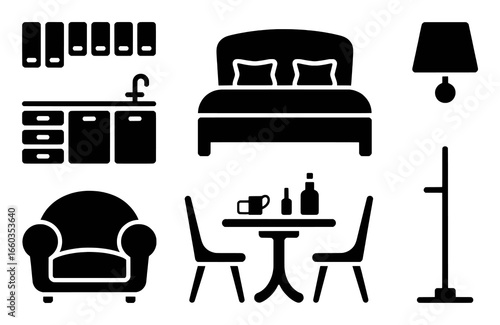 Collection of Interior Design Icons: Furniture, Kitchen, and Lighting Elements