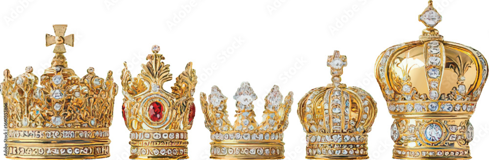 Fototapeta premium Five Elaborate Golden Royal Crowns Featuring Diamonds and Gemstones on White Keywords: crown, royal, gold, golden, regal, monarchy, king, queen, emperor