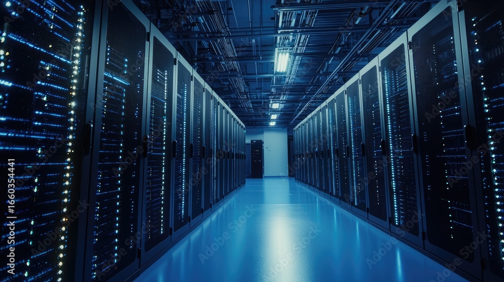 Fototapeta premium Modern data center with rows of server cabinets and advanced IT infrastructure illuminated in blue light, ideal for cloud computing, storage, and digital technology solutions