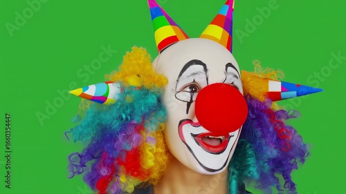 Colorful Clown Portrait: Joyful Face, Green Screen Background