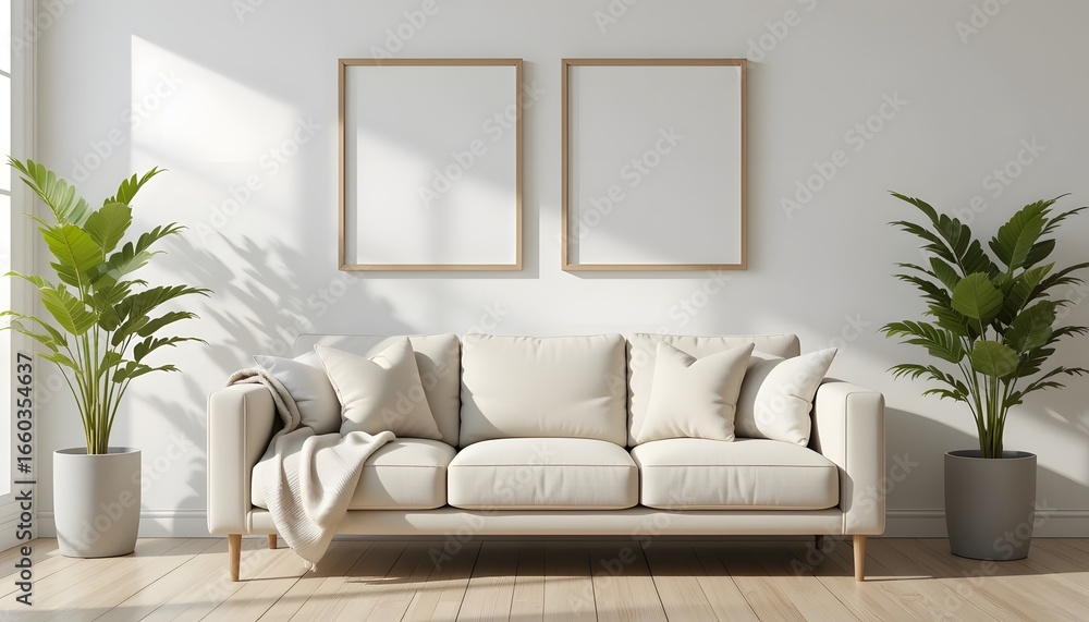 Fototapeta premium Minimalist Scandinavian Living Room – Light-Filled Modern Space with Sleek Sofa, Potted Plants, and Neutral Decor