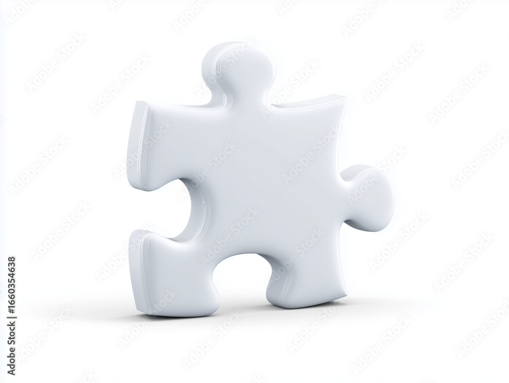 Obraz premium White jigsaw puzzle piece angled on white surface, 3D render