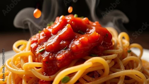 Steaming hot spaghetti with rich tomato sauce being drizzled, creating a delicious and inviting meal.