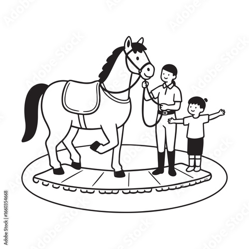 A cute horse with a vaulting blanket is led in a circle on a long lunge line silhouette vector design.