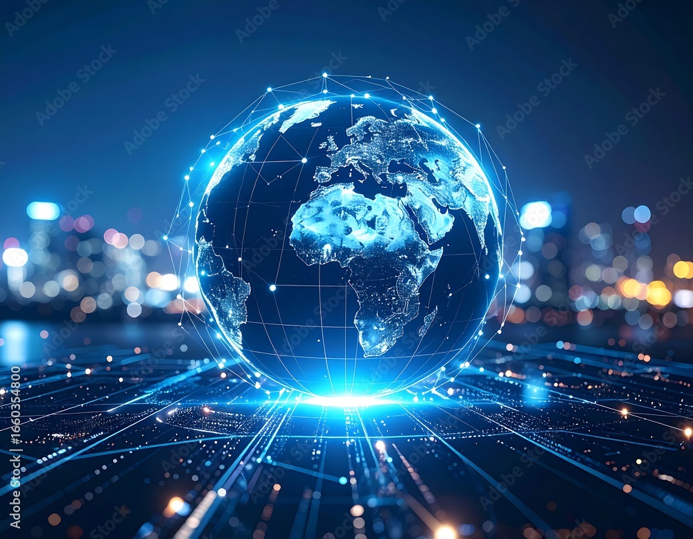 Obraz premium Global Network with Cityscape at Night.