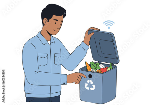 A young Asian man tests a compost bin, showcasing sustainable practices. Clean, modern illustration with a focus on eco-friendly living. Bright colors and clear composition.