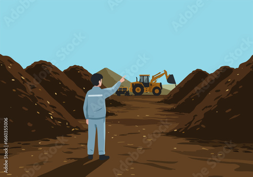 A construction worker oversees compost operations with a bulldozer in a large pile. The scene is bright and showcases a composting facility. Professional, industrial, and practical.