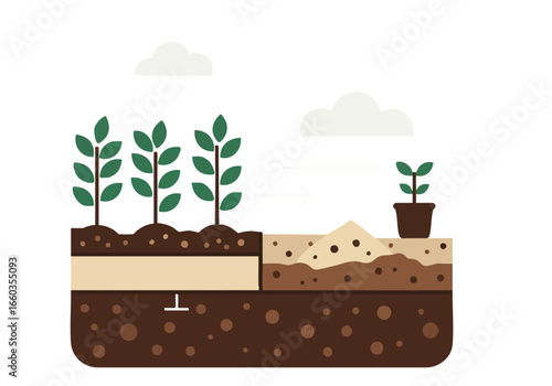 Illustration depicts soil layering with an 'anrost backup' - soil layer supporting new plant growth Clean modern design with earthy tones and subtle cloud elements Ideal for nature gardening