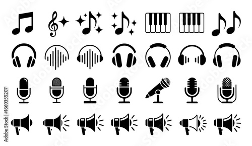 Collection of Music and Audio Icons: Notes, Headphones, Microphones, Keyboards, and Megaphones
