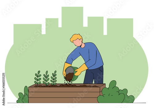 A man adds compost to a raised garden bed, promoting sustainable gardening. Bright, cheerful illustration with a focus on healthy plants and eco-friendly practices.