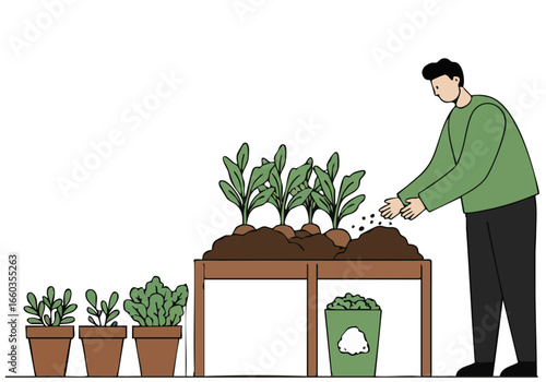 A man carefully inspects and adds compost to seedlings in a raised garden bed. A clean, modern illustration style showcases sustainable gardening practices.