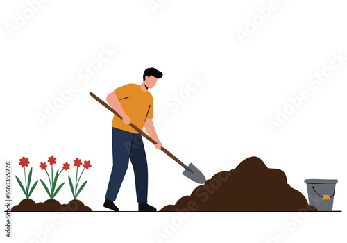 A man carefully troubleshoots soil in a garden, using a shovel.  A vibrant flowerbed and fresh soil create a peaceful, productive scene.  Ideal for nature, gardening, and lifestyle visuals.