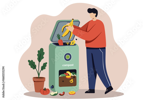 A man composts fruit waste in a modern compost bin. A clean, illustrative style highlights sustainable living. Perfect for eco-friendly concepts.