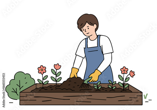 A young man oversees composting in a garden bed, tending to flowers.  Illustrative style, earthy tones, and a focus on sustainable practices.  Ideal for eco-friendly themes.
