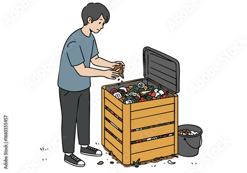 A young man oversees a compost bin, adding organic matter. Clean, modern illustration style. Focus on sustainable living and gardening.