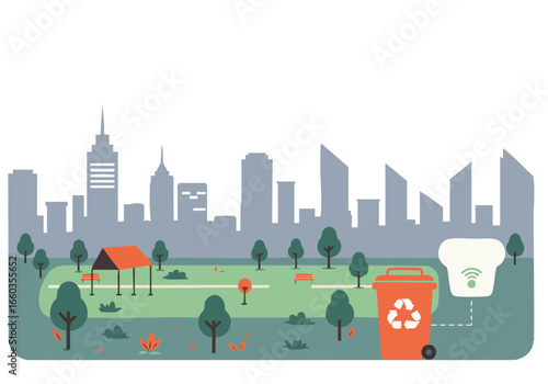 A modern city illustration showcases smart city elements ? green spaces, a park, and connected technology. It?s a vibrant, stylized design perfect for urban concepts and technology themes.