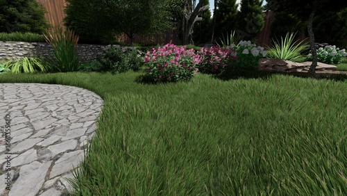 3d image of the landscape design of the home territory. Landscaping of the territory. Computer visualization of composite landscaping and landscaping solutions.