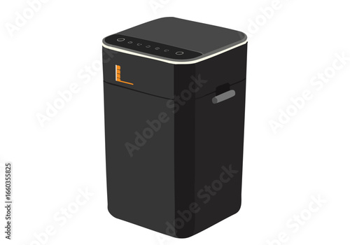 A sleek, black countertop composter bin with a digital display. Modern design, level indicator, and 'Compost' label. Clean, minimalist aesthetic. Ideal for eco-conscious homes.