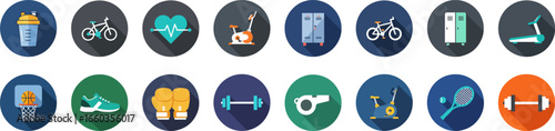 16 round fitness and sports icons in flat minimalist style with vibrant color palette