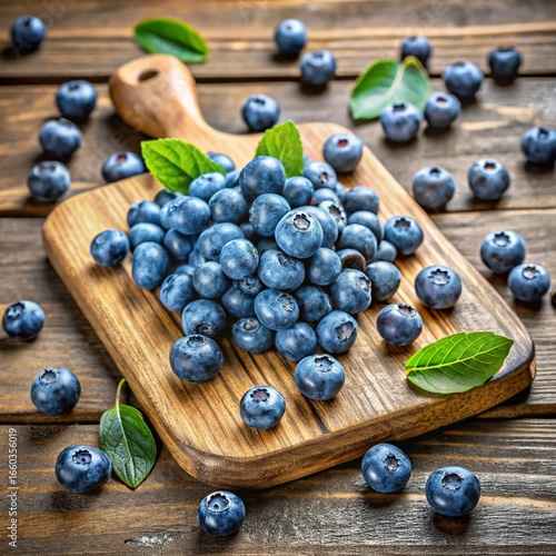 Fresh and ripe blueberries with green leaves on a wooden cutting board