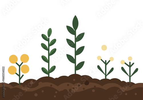 A stylized illustration depicts garden soil with sprouting plants and flowers. Clean, flat design with earthy tones. Perfect for nature, gardening, or lifestyle themes.