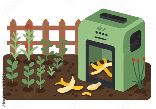 stylized isometric illustration depicts a compost bin feeding organic waste into a thriving garden A charming rural scene with a picket fence and lush plants creates a sustainable lifestyle image